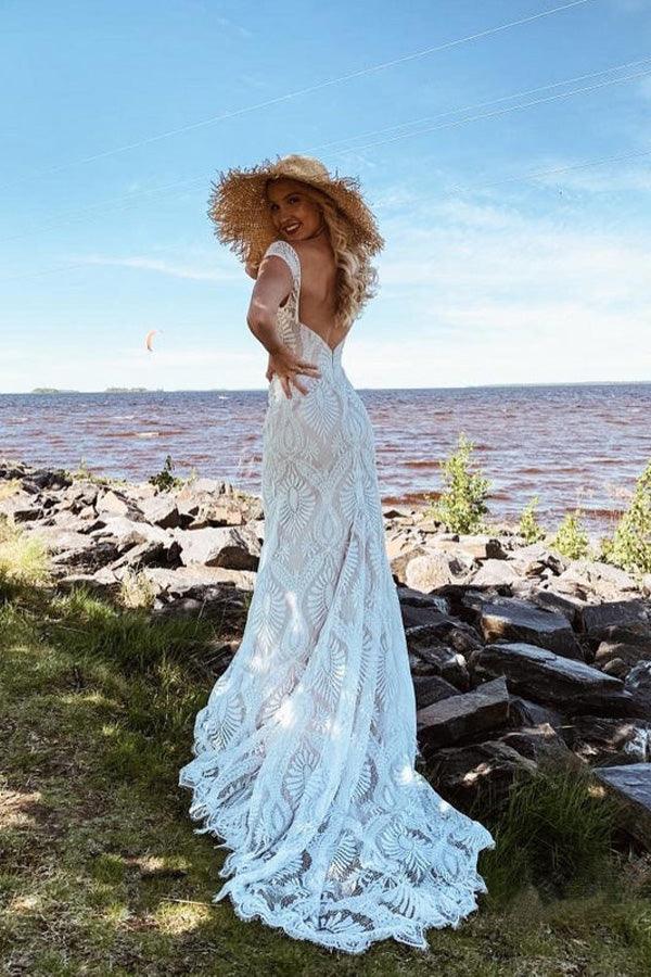 Boho Lace Sheath Sweep Train Sheath Beach Wedding Dresses