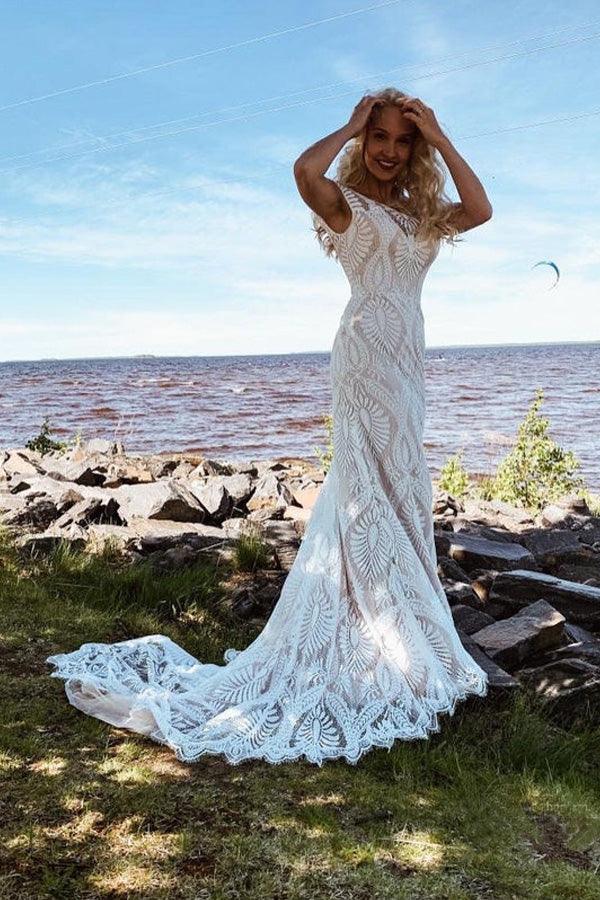 Boho Lace Sheath Sweep Train Sheath Beach Wedding Dresses