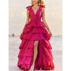 Vestido de noite feminino rosa-choque com decote em V, sem mangas e fenda, para festa formal e baile de finalistas