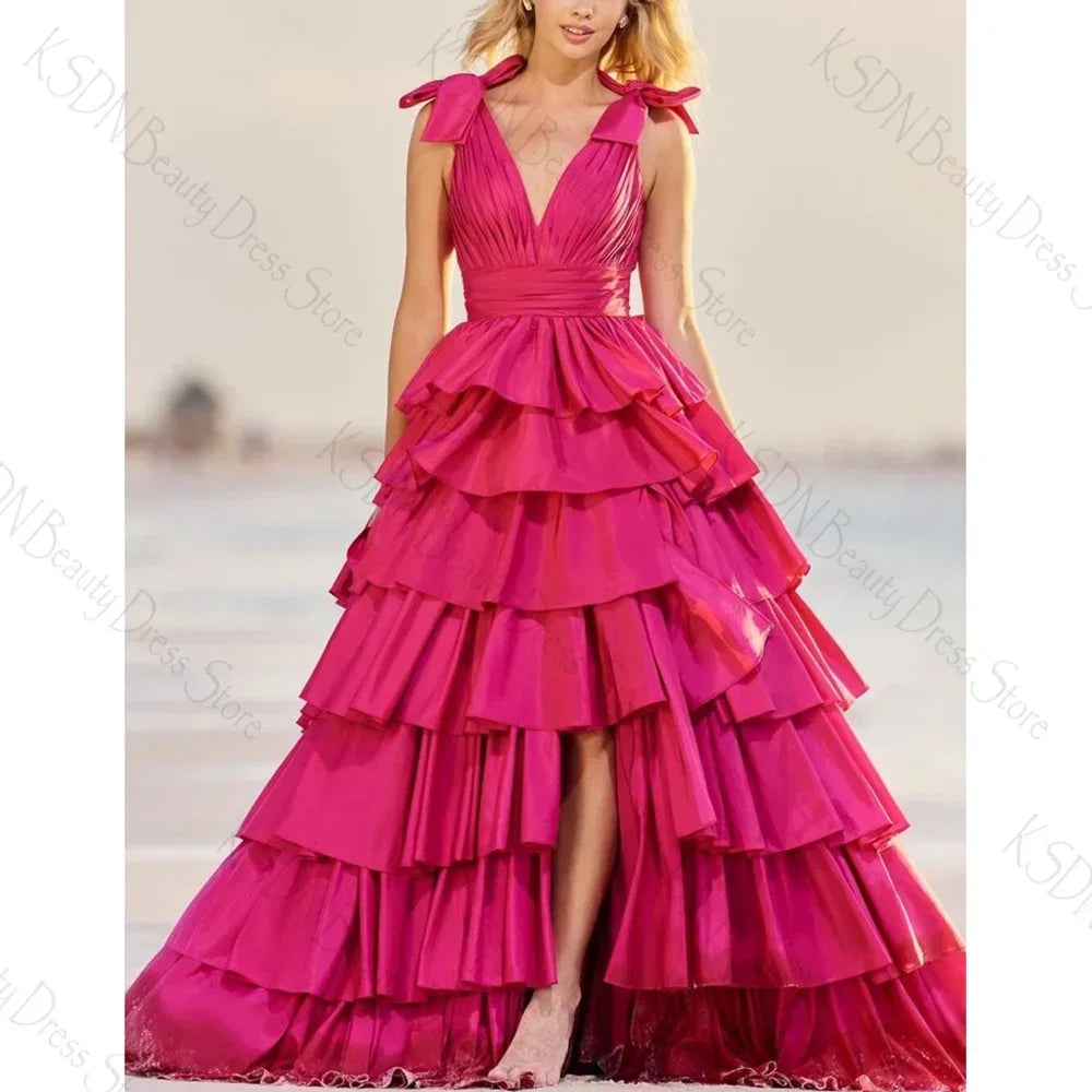 Vestido de noite feminino rosa-choque com decote em V, sem mangas e fenda, para festa formal e baile de finalistas