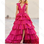 Vestido de noite feminino rosa-choque com decote em V, sem mangas e fenda, para festa formal e baile de finalistas