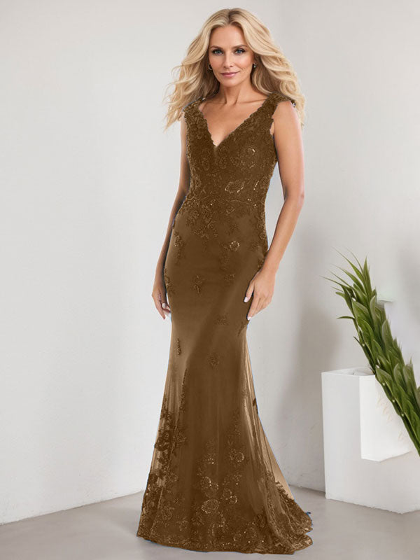 A-line V-Neck Floor-Length Lace Chiffon Mother of the Bride Dress With Applique Sequins Mermaid Dresses