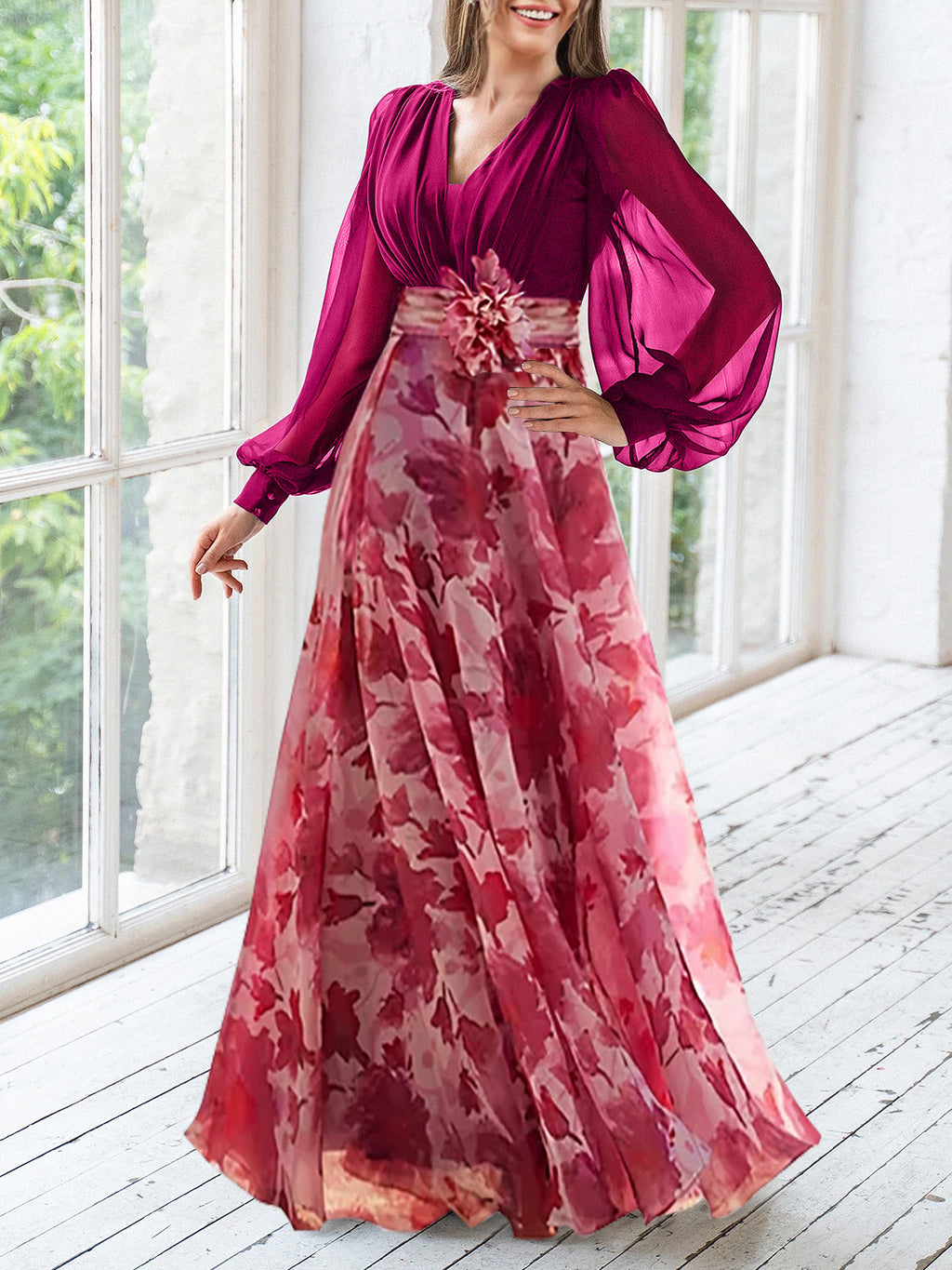 Floor-Length Floral Mother of the Bride Princess V-Neck A-Line Dress With Long Sleeves and Flower