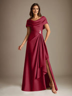 A-Line Scoop Floor-Length Stretch Satin Mother of the Bride Dress With Cascading Ruffles