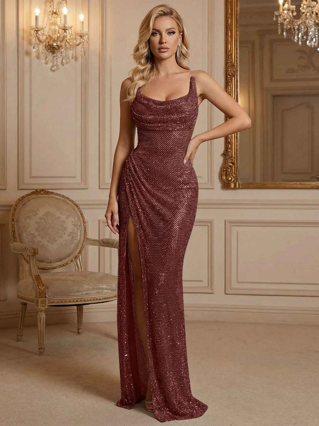 Silver Sequin Cowl Neck Ruched Long Prom Dress With High Slit