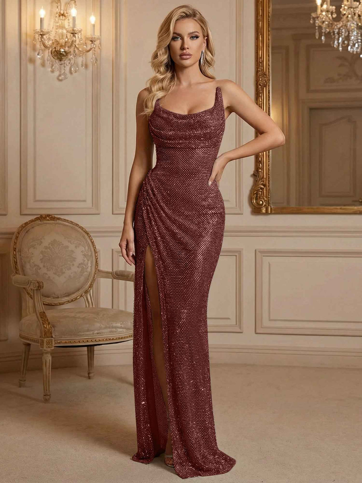 Silver Sequin Cowl Neck Ruched Long Prom Dress With High Slit