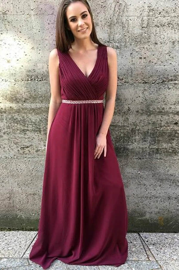 Burgundy Chiffon A-line V-neck Long Bridesmaid Dresses With Ruffles
