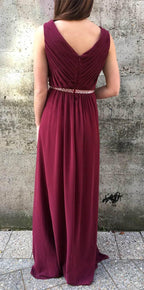 Burgundy Chiffon A-line V-neck Long Bridesmaid Dresses With Ruffles