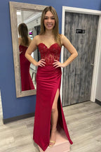 Burgundy Strapless Mermaid Appliques StraplessProm Dress with Slit