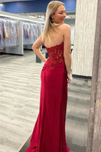 Burgundy Strapless Mermaid Appliques StraplessProm Dress with Slit