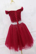 Burgundy Tulle Off-the-Shoulder Homecoming Dresses, Short Party Dress