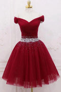 Burgundy Tulle Off-the-Shoulder Homecoming Dresses, Short Party Dress