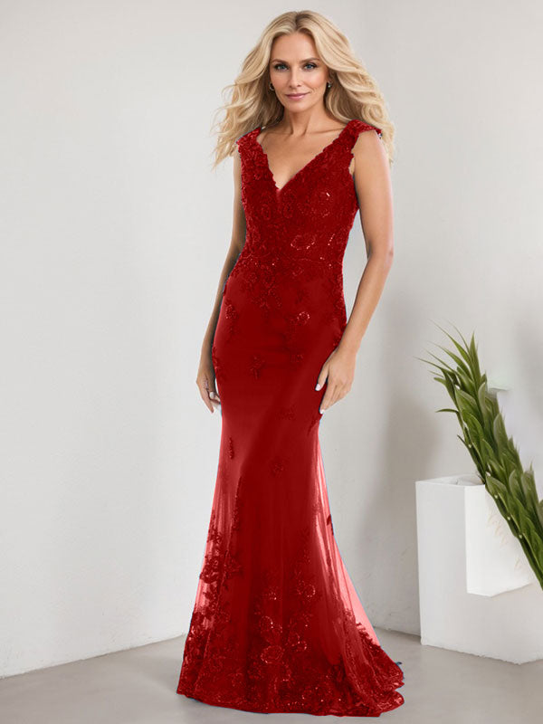 A-line V-Neck Floor-Length Lace Chiffon Mother of the Bride Dress With Applique Sequins Mermaid Dresses