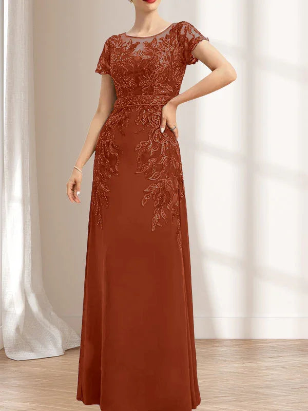 Vestido de madrina de novia con ilusión, corte columna y fajín, largo hasta el suelo, de encaje y gasa con lentejuelas