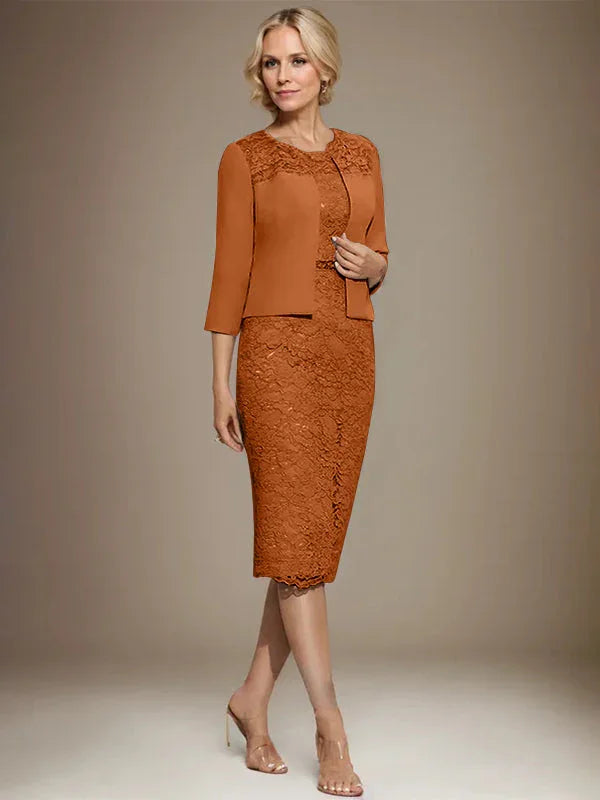 Vestido de madrina de novia de encaje de gasa con abalorios, corte columna y largo hasta la rodilla