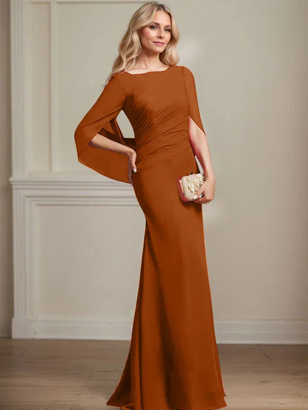 Vestido de madrina de novia de gasa con cuello barco estilo trompeta/cola de sirena y largo hasta el suelo con pliegues