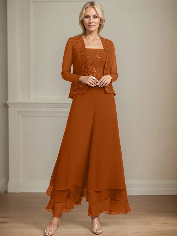 Getrennter Overall/Hosenanzug mit quadratischem Ausschnitt, knöchellang, aus Spitzenchiffon, Brautmutterkleid mit Pailletten