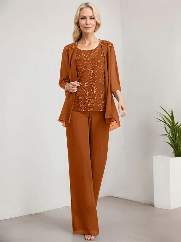 Mono/Pantalón Separado con Escote Redondo, Largo hasta el Suelo, de Encaje y Gasa, Vestido de Madre de la Novia con Lentejuelas
