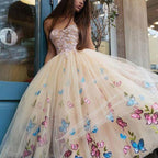 Butterfly Floral Ball Gown Tea Length Lace Strapless Homecoming Dresses