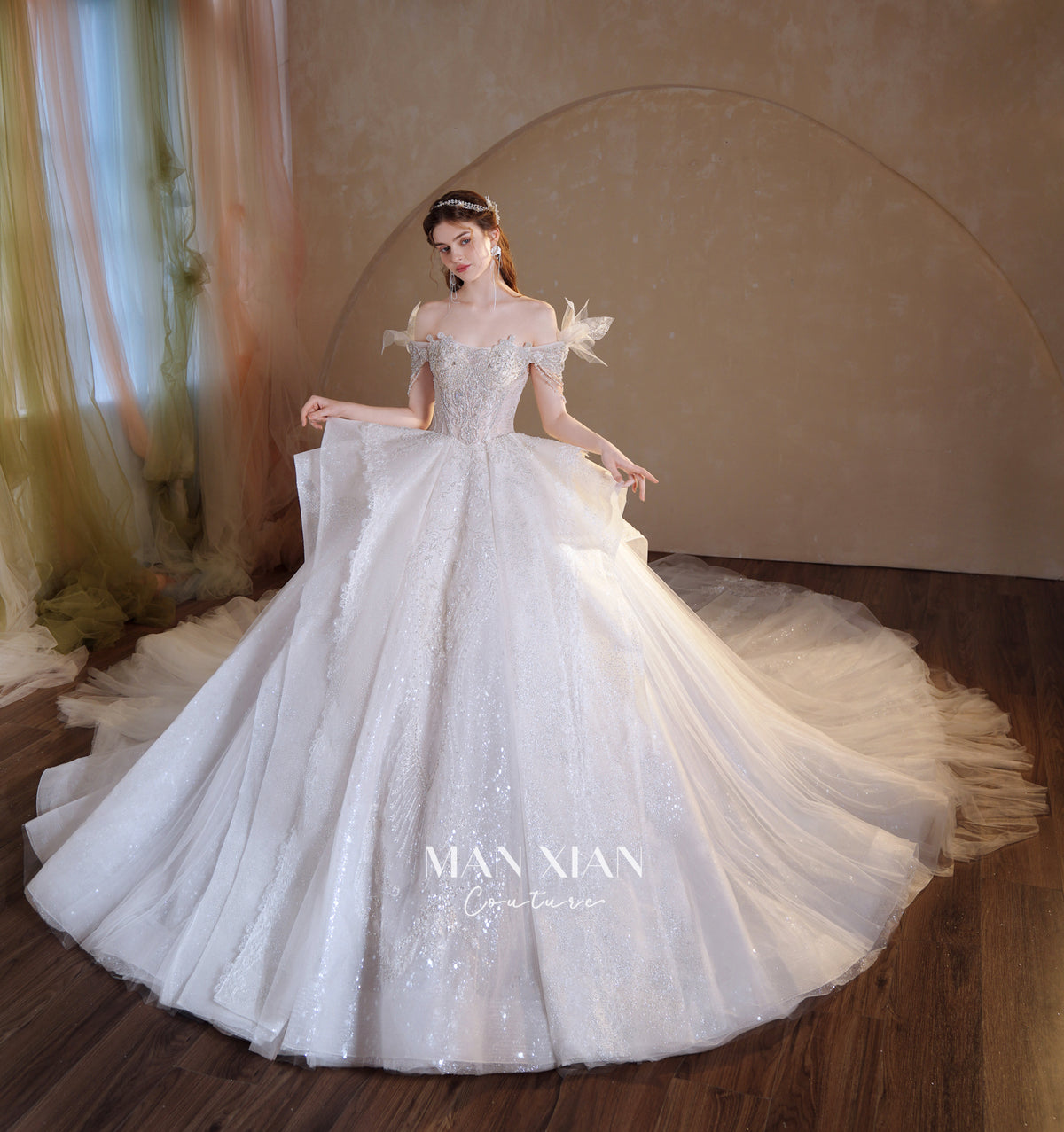 Ethereal Off-Shoulder Crystal Ball Gown Wedding Dress with Cathedral Train & Wing Appliqués