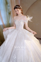 Ethereal Off-Shoulder Crystal Ball Gown Wedding Dress with Cathedral Train & Wing Appliqués