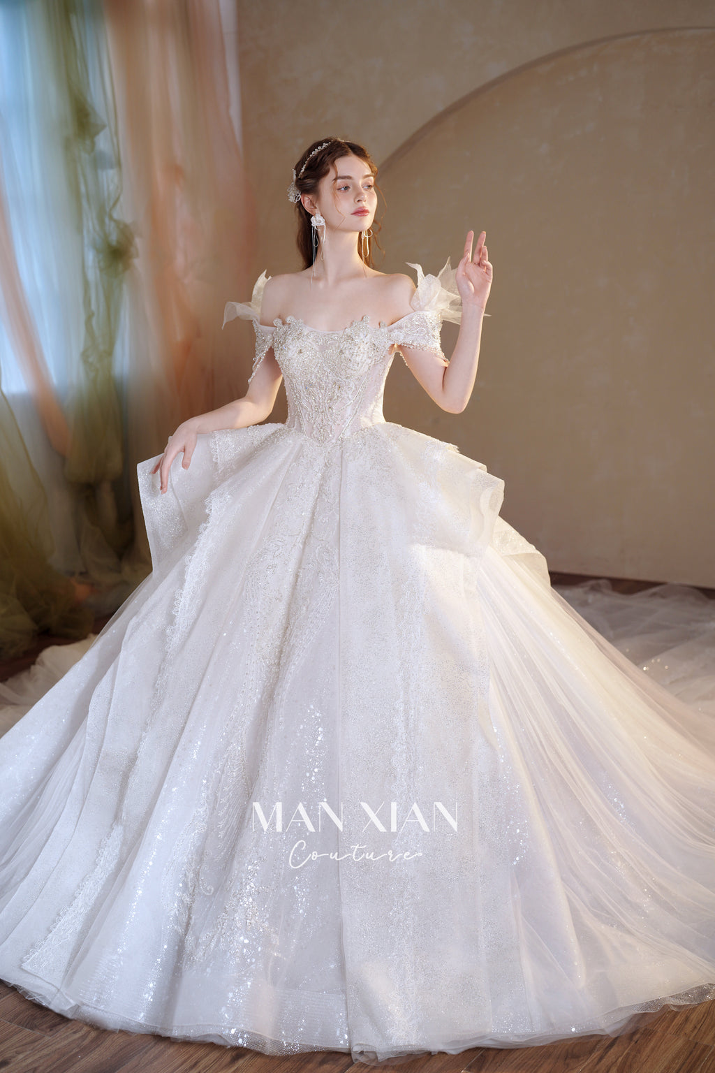 Ethereal Off-Shoulder Crystal Ball Gown Wedding Dress with Cathedral Train & Wing Appliqués