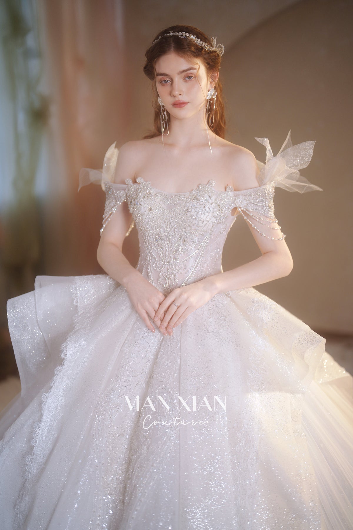 Ethereal Off-Shoulder Crystal Ball Gown Wedding Dress with Cathedral Train & Wing Appliqués