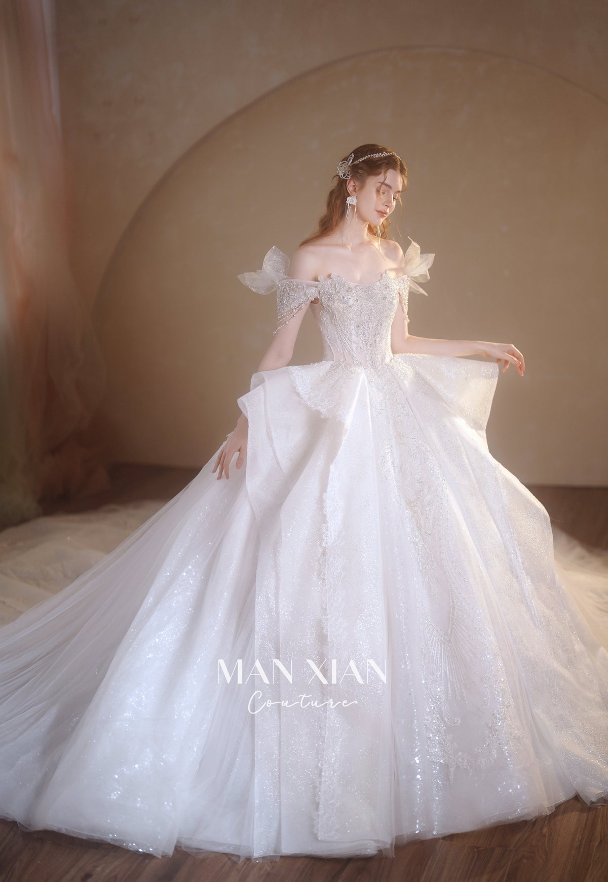 Ethereal Off-Shoulder Crystal Ball Gown Wedding Dress with Cathedral Train & Wing Appliqués