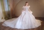 Ethereal Off-Shoulder Crystal Ball Gown Wedding Dress with Cathedral Train & Wing Appliqués