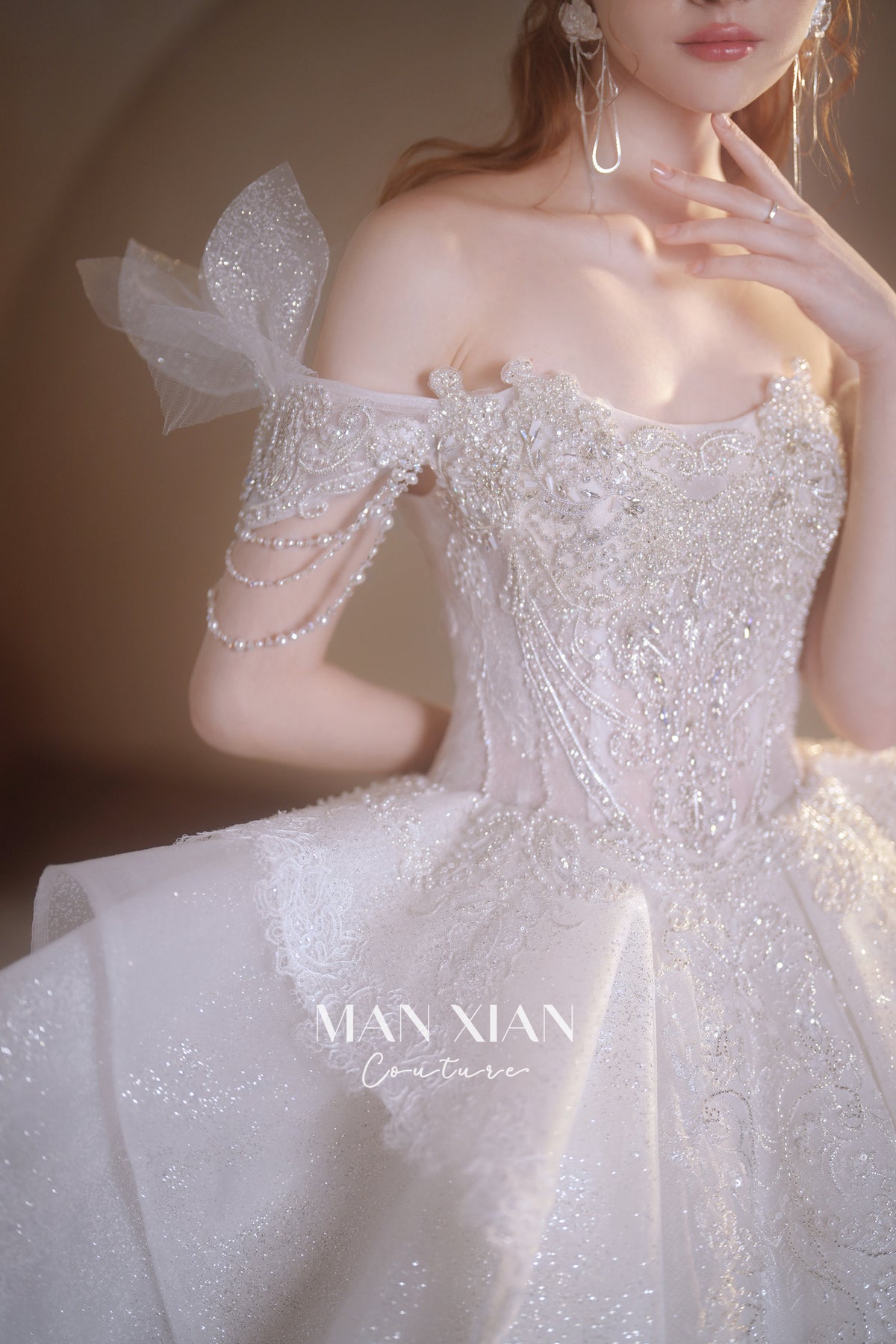 Ethereal Off-Shoulder Crystal Ball Gown Wedding Dress with Cathedral Train & Wing Appliqués