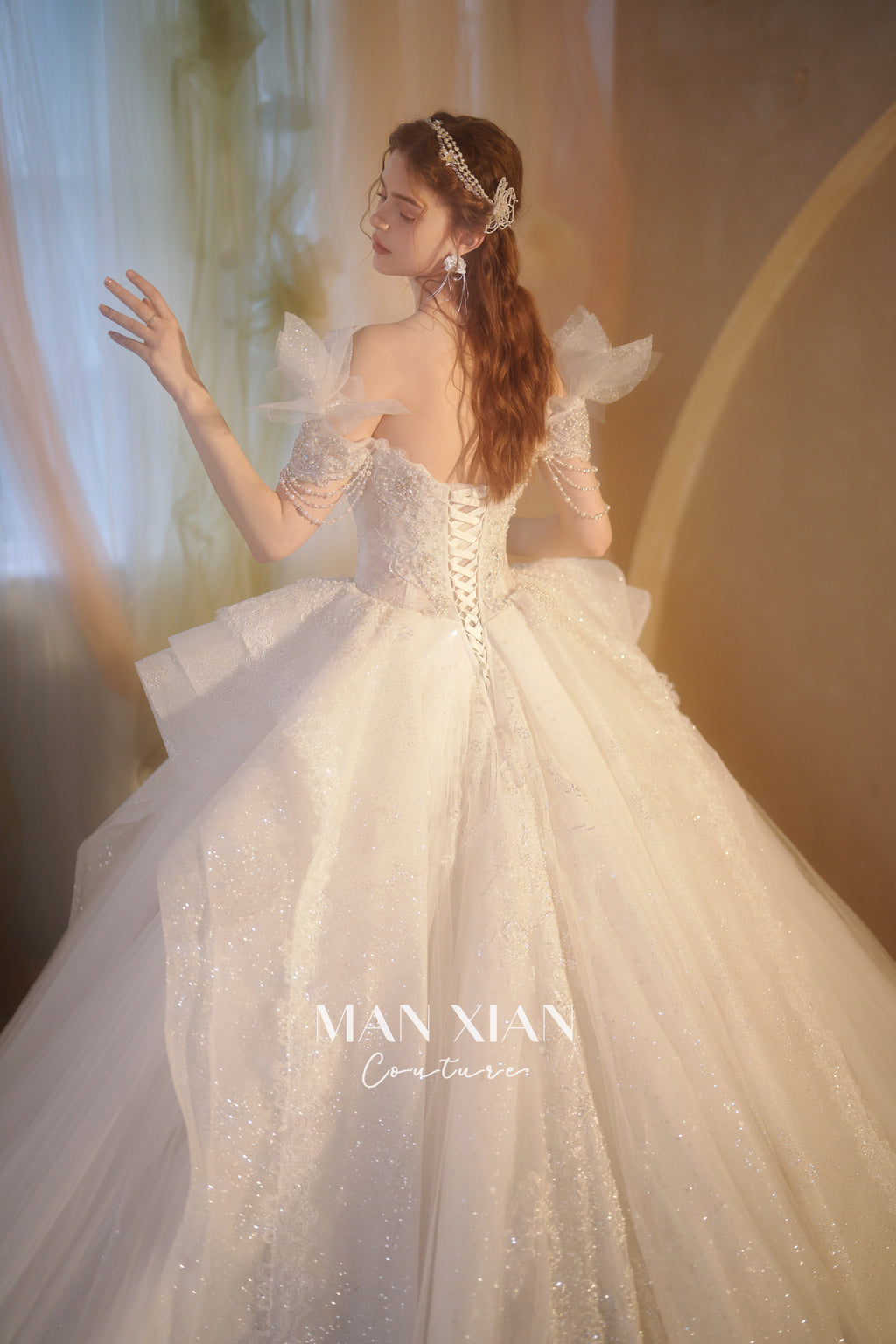 Ethereal Off-Shoulder Crystal Ball Gown Wedding Dress with Cathedral Train & Wing Appliqués