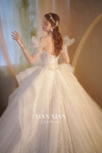 Ethereal Off-Shoulder Crystal Ball Gown Wedding Dress with Cathedral Train & Wing Appliqués