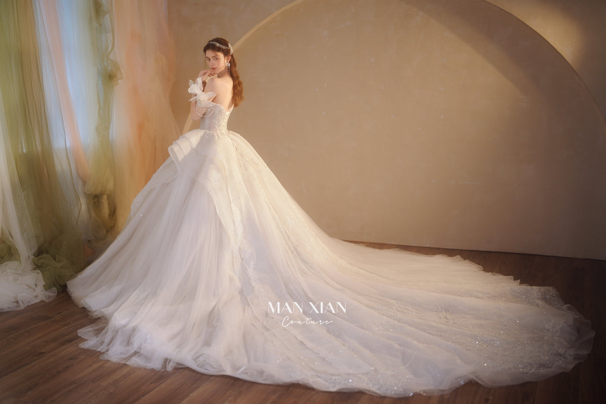 Ethereal Off-Shoulder Crystal Ball Gown Wedding Dress with Cathedral Train & Wing Appliqués