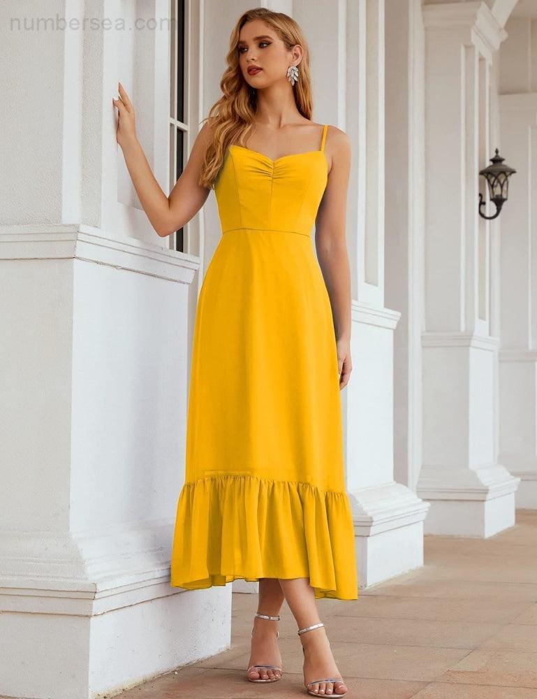 Numbersea Vestido de Dama de Honra em Chiffon com Alças Finas, Comprimento ao Tornozelo, Formal, Corte em A, para Cocktail e Festa de Regresso a Casa para Jovens SEA28028