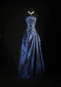 Hermoso vestido de gala sin tirantes, corte de bola, azul marino, satén con apliques, línea A, vestido de noche para baile Y7807