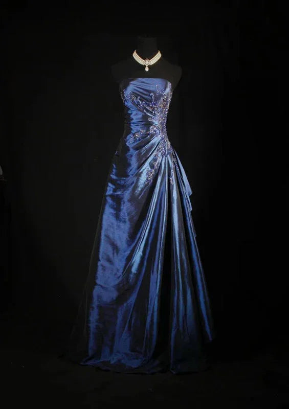 Hermoso vestido de gala sin tirantes, corte de bola, azul marino, satén con apliques, línea A, vestido de noche para baile Y7807