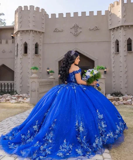 Vestidos de Baile Azul Real com Saia Rodada para Quinceanera, Flores 3D, Decote Coração, Doce 15 e 16 Anos, Vestidos para Baile de Finalistas Y2821