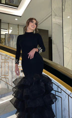 Black Evening Dress Puffy Skirt Long Sleeve Satin Mermaid Dubai Formal Evening Party Gowns Y4908