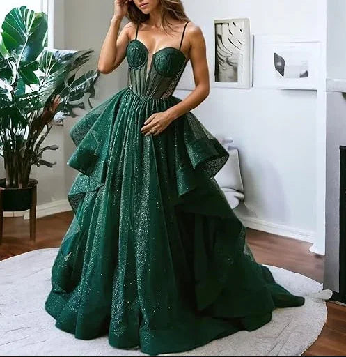 Vestido de Noite Brilhante Verde Corpete Vestido de Noite em Linha A Y6339