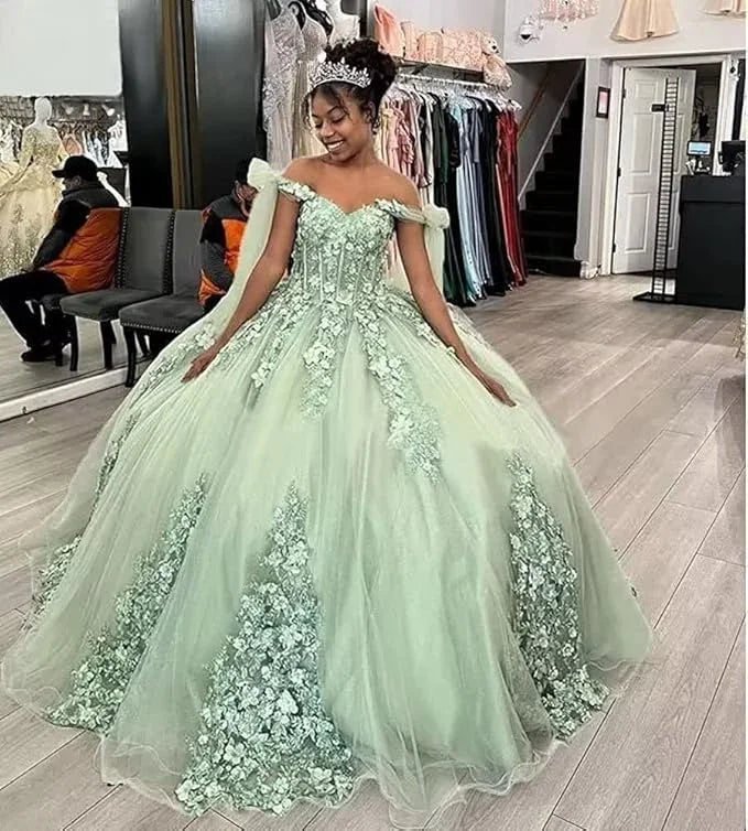 Vestido de Baile de Mulher com Alças Finas, Aplicação de Renda para Festa de 15 e 16 Anos, Modelo Y3038