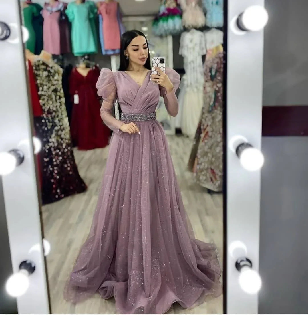 Sparkly A-line Tulle Evening Dress Modest Evening Gown Y4993
