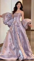 Vestido de fiesta sin tirantes con apliques de satén lila bonito, corte en línea A, vestido de noche Y7903