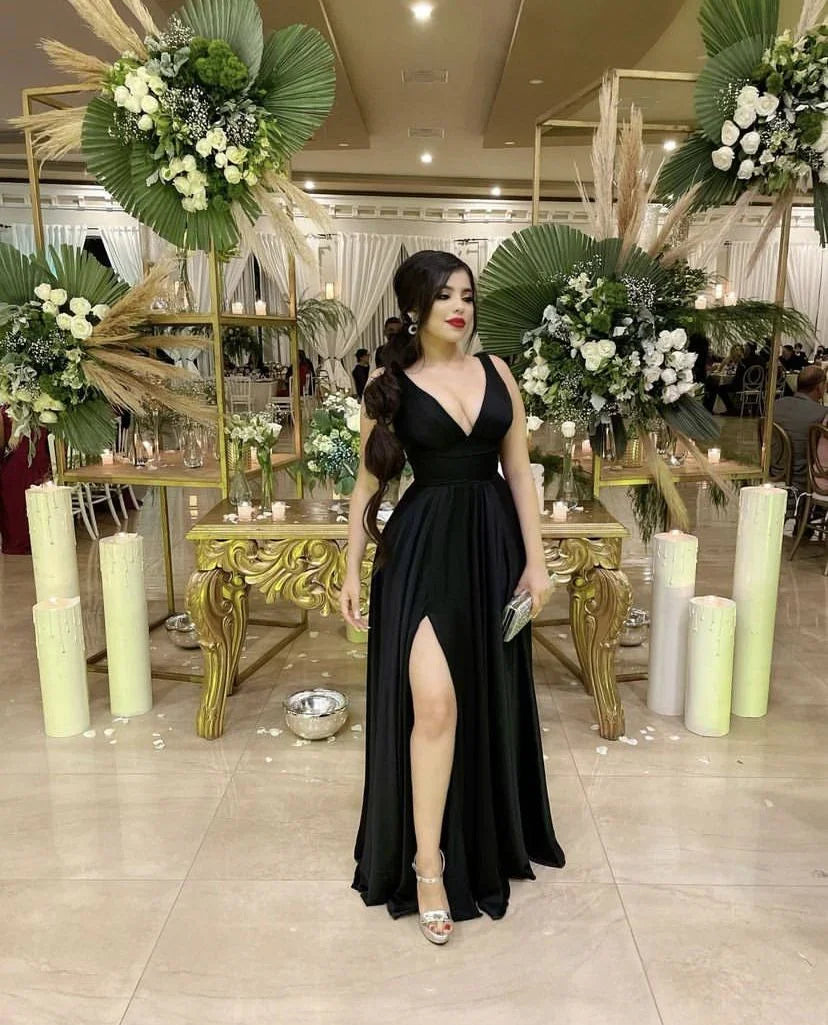 Black Deep V Neck Long Evening Dress Black Bridesmaid Dress Y4648