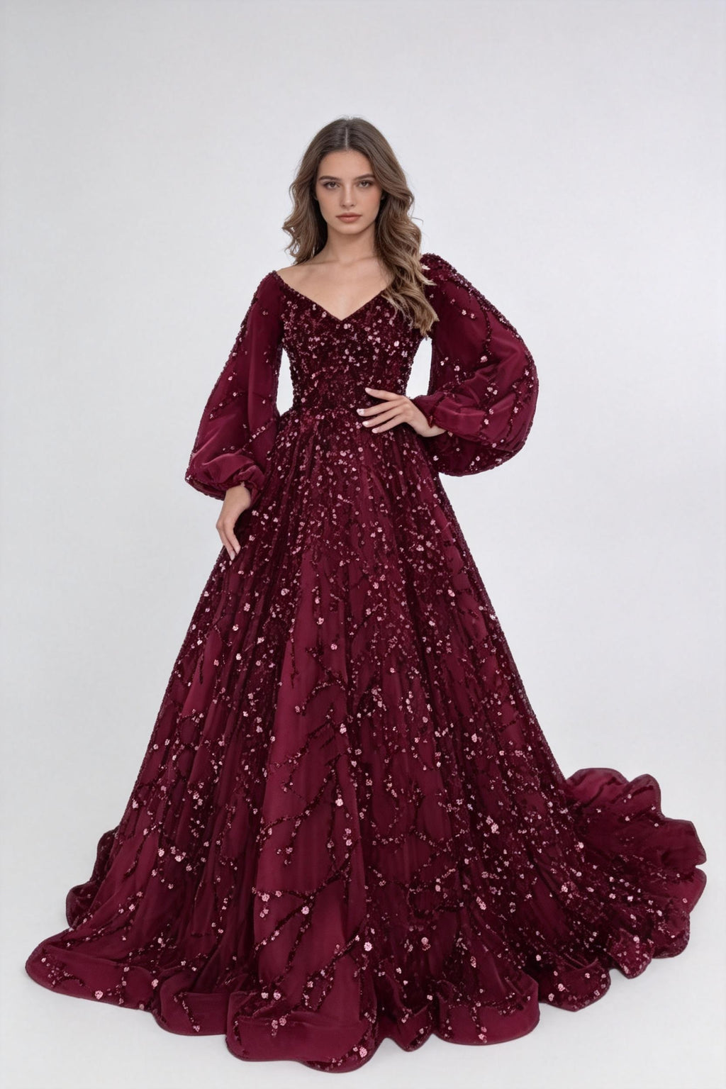 Robe de bal longue à manches longues en forme de A scintillante, robe de seize ans, robe de princesse Y4900