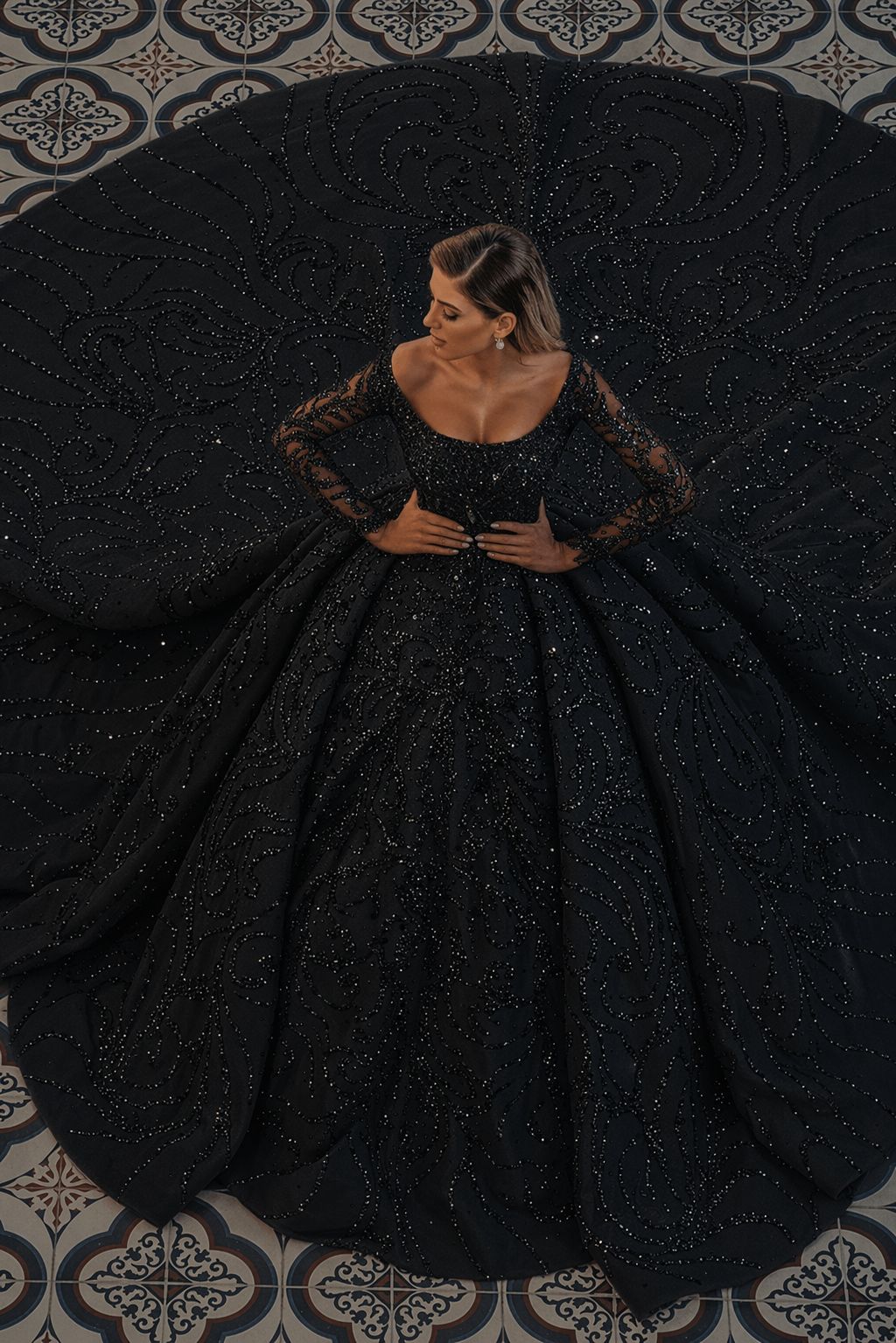 Bmbridal Long Sleeve Satin Ball Gown Wedding Dress Beaded Sequined