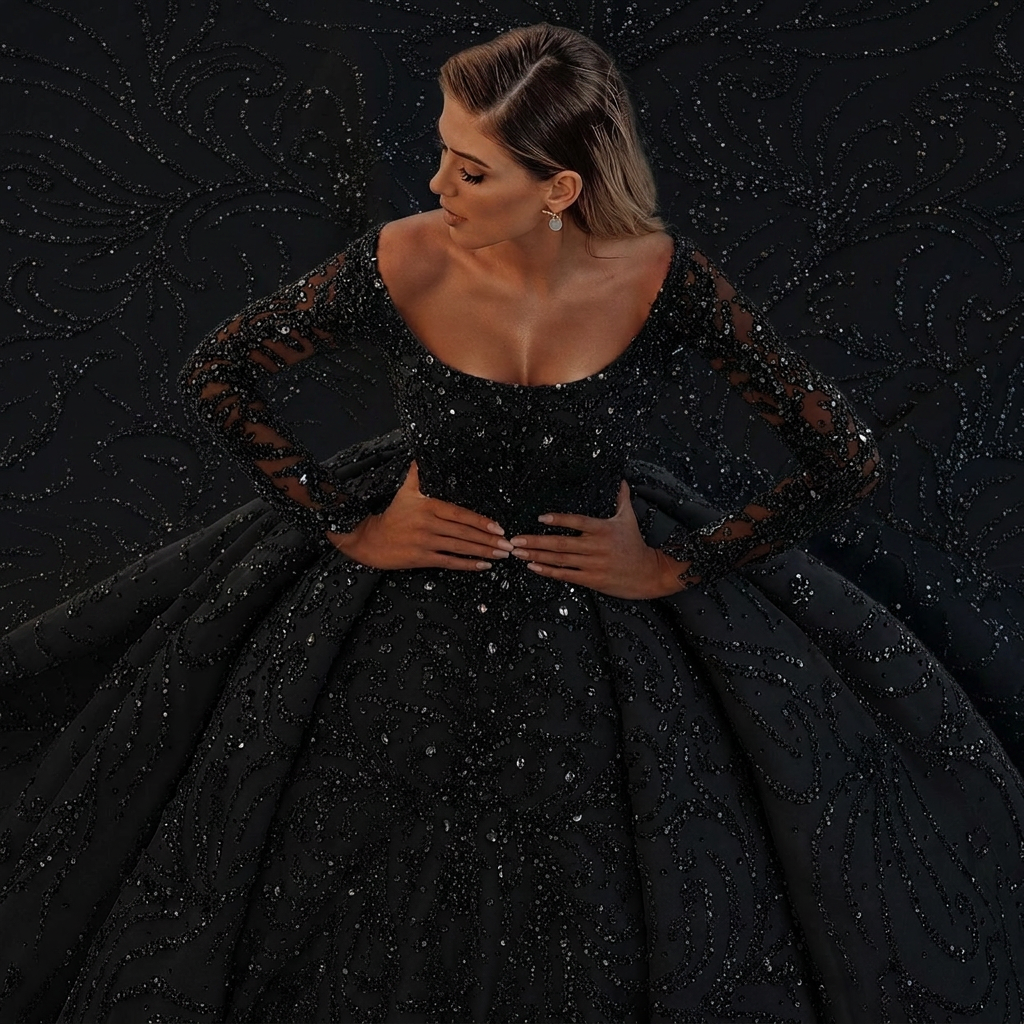 Bmbridal Long Sleeve Satin Ball Gown Wedding Dress Beaded Sequined