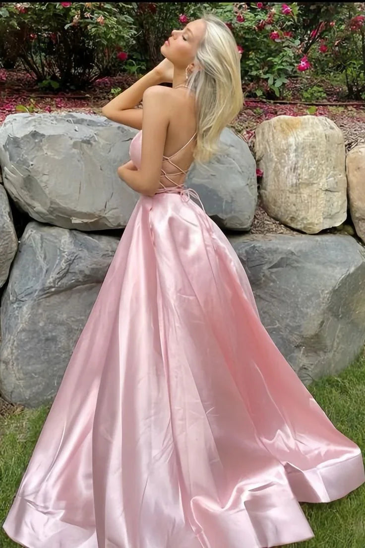 Vestido de Festa Simples Rosa em Cetim com Corte em A e Fenda Lateral Vestido de Baile Vestido de Noite Y8563