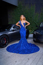 Vestido longo de baile azul real cintilante com cauda, vestido de noite sensual Y4122