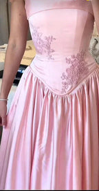 Robe de soirée longue en satin rose élégante, coupe trapèze, bretelles fines, robe de bal Y7820