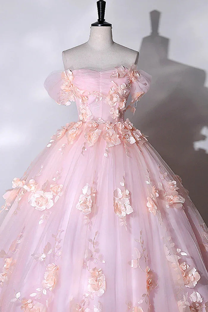 Vestido de Baile Formal Coração com Flores Cor-de-Rosa, Vestidos Longos Cor-de-Rosa para Sweet 16 Y6951
